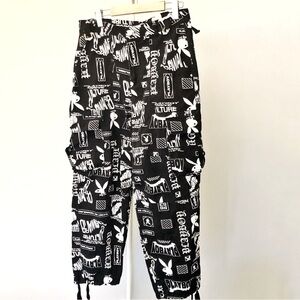 PLAYBOY Y2K Logo Cargo Pockets Black & White High Rise Wide Leg Pants Trousers.